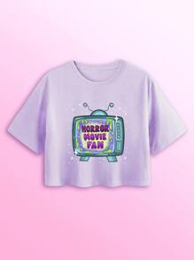 TarrynAnnIllustration 標語卡通圖案短款T恤 - 紫丁香色 - 查看 1