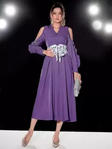 Modelyn Vestido con cinturón de hombros descubiertos ribete con fruncido con estampado floral - Morado Violeta - Ver 1