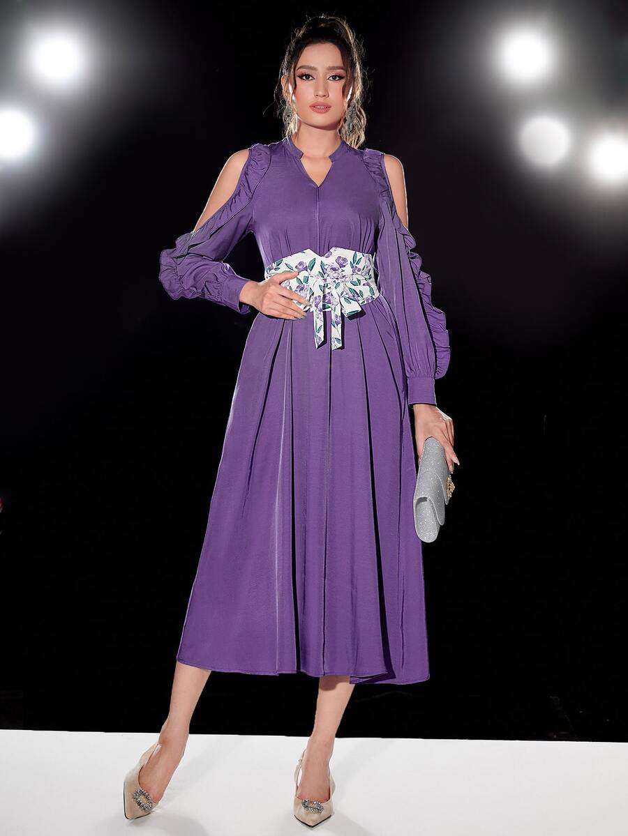 Modelyn Vestido con cinturón de hombros descubiertos ribete con fruncido con estampado floral - Morado Violeta - Ver 1