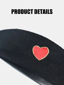 100% Wool Heart Embroidered Beret - Black - View 3