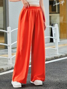 Muchica 高腰素色闊腿褲 - 亮橙色 - 查看 1