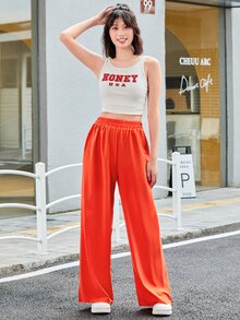 Muchica 高腰素色闊腿褲 - 亮橙色 - 查看 5