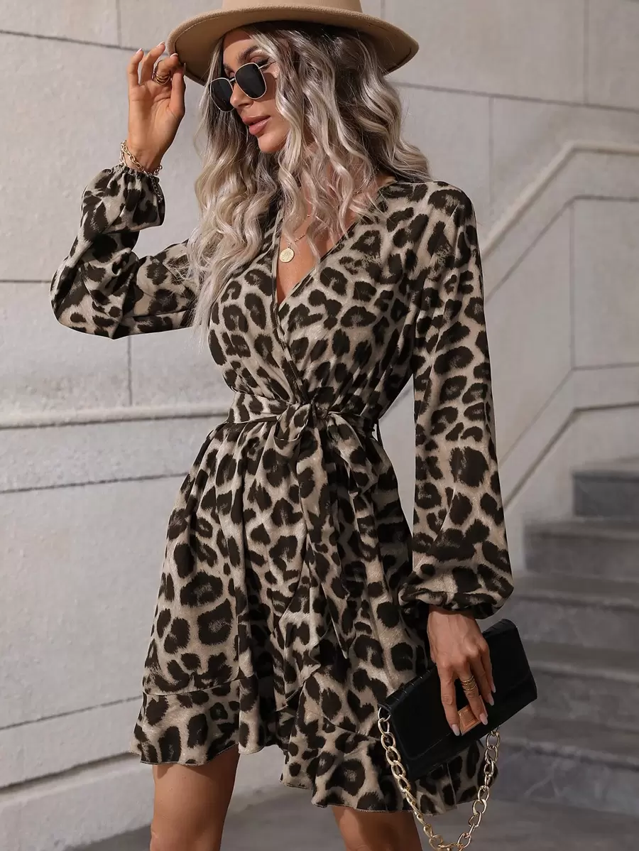 SHEIN LUNE Leopard Print Overlap Collar Bishop Sleeve Ruffle Hem Belted Dress Fall Cloth For Women - Khaki - View 1