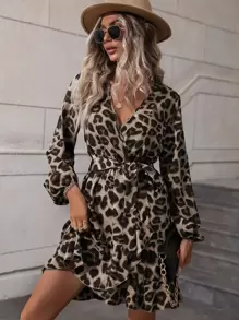 SHEIN LUNE Leopard Print Overlap Collar Bishop Sleeve Ruffle Hem Belted Dress Fall Cloth For Women - Khaki - View 3
