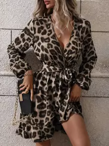 SHEIN LUNE Leopard Print Overlap Collar Bishop Sleeve Ruffle Hem Belted Dress Fall Cloth For Women - Khaki - View 5