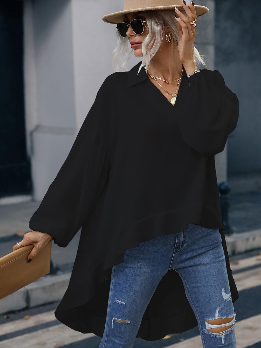 SHEIN Clasi Bishop Sleeve High Low Blouse - Black - View 1
