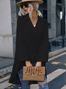 SHEIN Clasi Bishop Sleeve High Low Blouse - Black - View 3