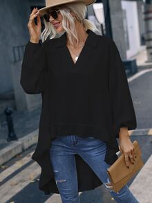 SHEIN Clasi Bishop Sleeve High Low Blouse - Black - View 4