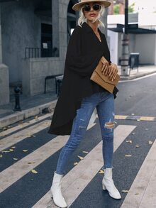 SHEIN Clasi Bishop Sleeve High Low Blouse - Black - View 5