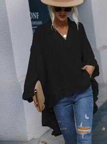 SHEIN Clasi Bishop Sleeve High Low Blouse - Black - View 6