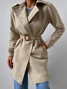 EURMUSE Solid Belted Slant Pocket Trench Coat - Khaki - View 1