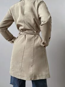 EURMUSE Solid Belted Slant Pocket Trench Coat - Khaki - View 2