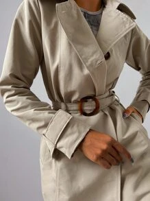 EURMUSE Solid Belted Slant Pocket Trench Coat - Khaki - View 3
