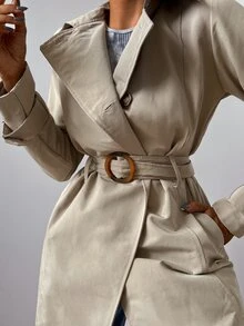 EURMUSE Solid Belted Slant Pocket Trench Coat - Khaki - View 4