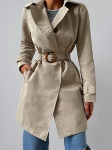 EURMUSE Solid Belted Slant Pocket Trench Coat - Khaki - View 5