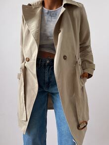 EURMUSE Solid Belted Slant Pocket Trench Coat - Khaki - View 6