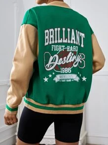 SHEIN EZwear Letter Graphic Colourblock Drop Shoulder Varsity Jacket - Green - View 1
