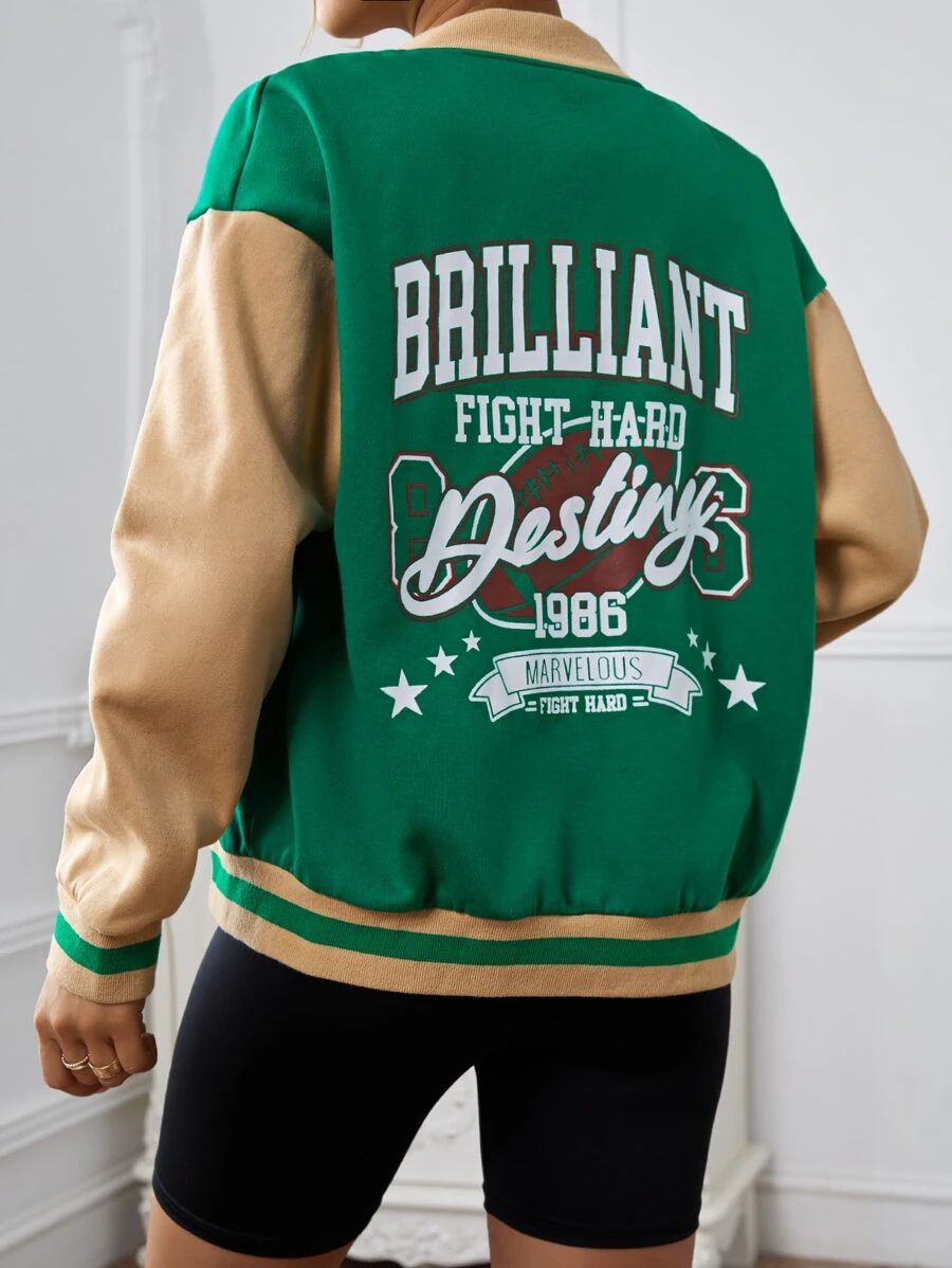 SHEIN EZwear Letter Graphic Colourblock Drop Shoulder Varsity Jacket - Green - View 1