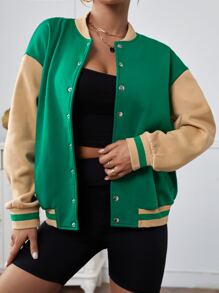 SHEIN EZwear Letter Graphic Colourblock Drop Shoulder Varsity Jacket - Green - View 2