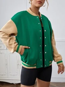SHEIN EZwear Letter Graphic Colourblock Drop Shoulder Varsity Jacket - Green - View 3