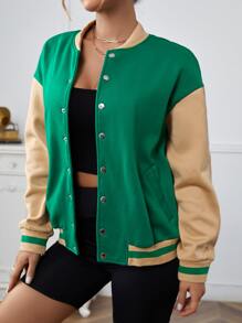 SHEIN EZwear Letter Graphic Colourblock Drop Shoulder Varsity Jacket - Green - View 5