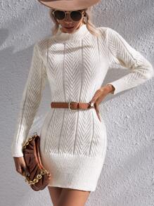 Chiquease Mock Neck Textured Knit Jumper Dress Without Belt - Beige - View 1