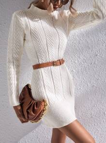 Chiquease Mock Neck Textured Knit Jumper Dress Without Belt - Beige - View 2