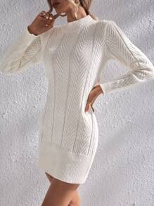 Chiquease Mock Neck Textured Knit Jumper Dress Without Belt - Beige - View 3