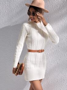Chiquease Mock Neck Textured Knit Jumper Dress Without Belt - Beige - View 4