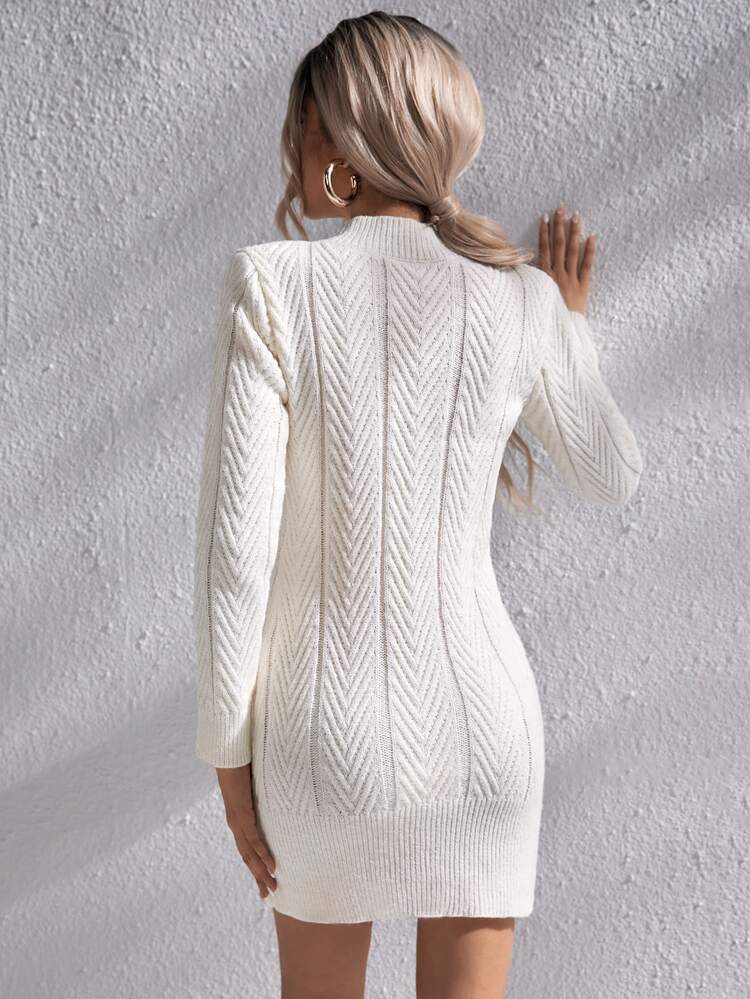 Chiquease Vestido suéter de punto de cuello alto con textura sin cinturón - Beis - Añade 5