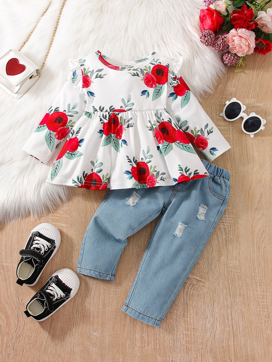 Bebé Top peplum con estampado floral ribete con fruncido & Jeans desgarro crudo - Multicolor - Ver 1