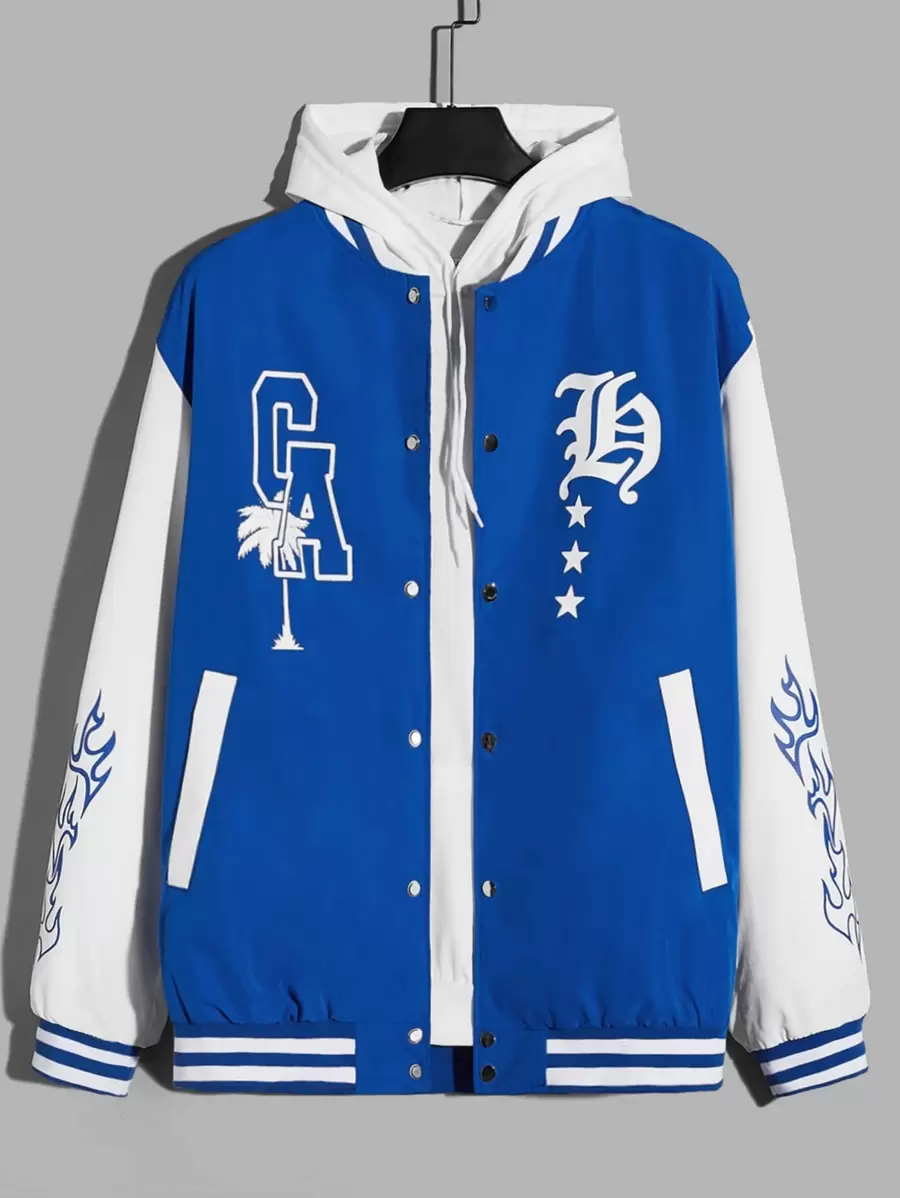 Manfinity RebelGame Men Letter & Tropical Print Striped Trim Varsity Jacket - Blue and White - View 1