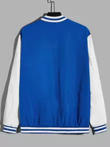 Manfinity RebelGame Men Letter & Tropical Print Striped Trim Varsity Jacket - Blue and White - View 2