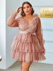 Simplee Hơn Đầm Chấm bi tay áo lá sen Viền đa lớp Thắt lưng Lưới Dobby - Bụi hồng - Xem 1