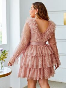 Simplee Hơn Đầm Chấm bi tay áo lá sen Viền đa lớp Thắt lưng Lưới Dobby - Bụi hồng - Xem 2