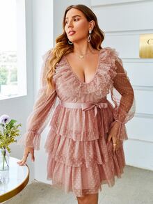 Simplee Hơn Đầm Chấm bi tay áo lá sen Viền đa lớp Thắt lưng Lưới Dobby - Bụi hồng - Xem 3