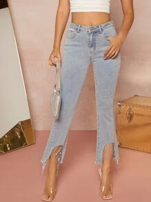 Raw Hem Rhinestone Fringe Flare Jeans - Light Wash - View 1