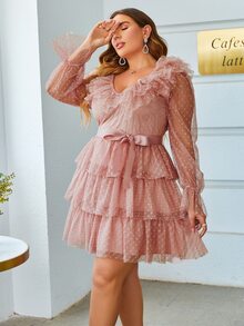 Simplee Hơn Đầm Chấm bi tay áo lá sen Viền đa lớp Thắt lưng Lưới Dobby - Bụi hồng - Xem 4