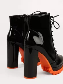 SHUZIA 熒光色繫帶溝紋鞋底高跟美式短靴 - 橘色 - 查看 2