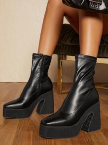 Platform Block Heel Above Ankle Booties - Black - View 4