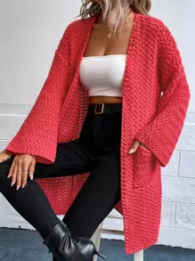 SHEIN Essnce Cárdigan con doble bolsillo de hombros caídos - Rojo - Ver 1