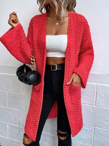 SHEIN Essnce Cárdigan con doble bolsillo de hombros caídos - Rojo - Ver 3
