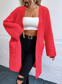 SHEIN Essnce Cárdigan con doble bolsillo de hombros caídos - Rojo - Ver 5