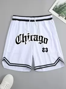 Aesthetic Post--Men Letter Graphic Striped Trim Drawstring Waist Shorts - White - View 1