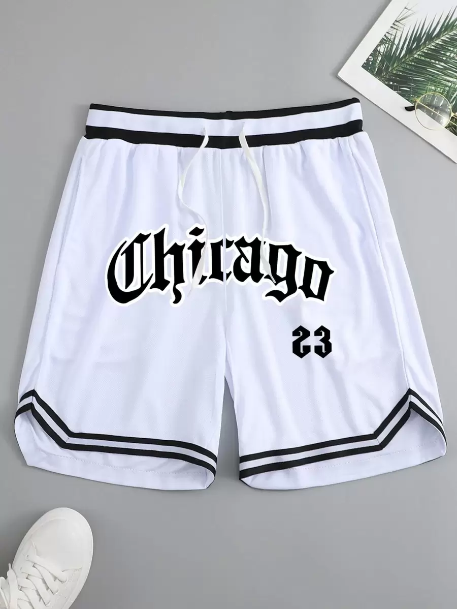 Aesthetic Post--Men Letter Graphic Striped Trim Drawstring Waist Shorts - White - View 1