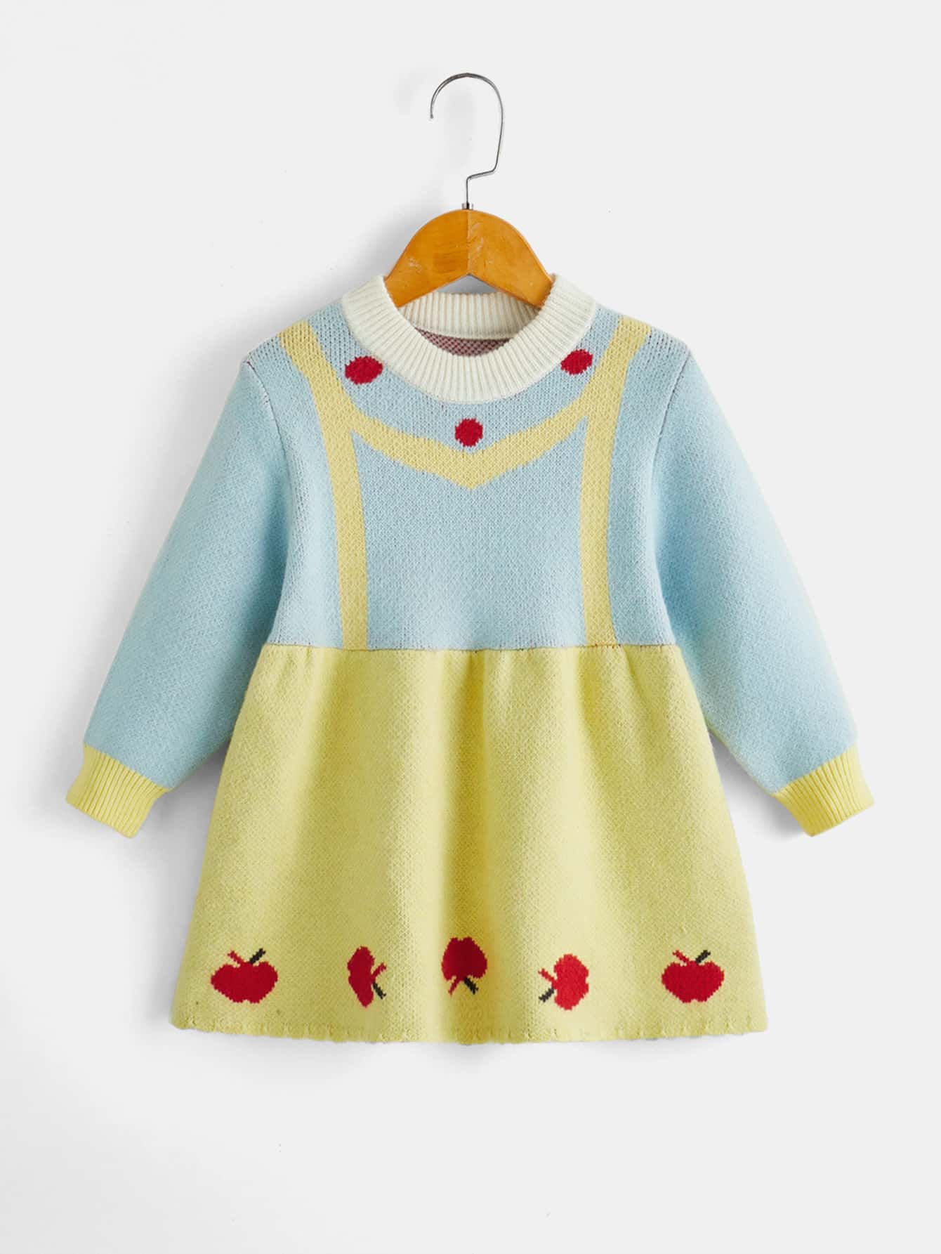 Niñas Vestido de punto de color combinado con patrón de manzana - Multicolor - Ver 1