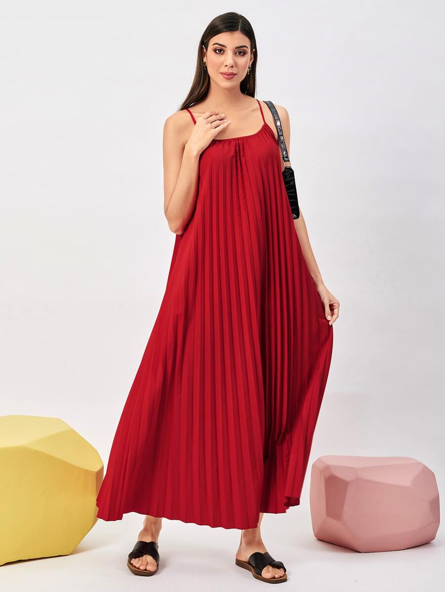 Mulvari Burgundy Red Solid Pleated Cami Dress - Burgundy - View 1