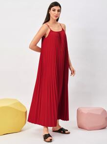 Mulvari Burgundy Red Solid Pleated Cami Dress - Burgundy - View 3