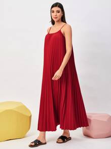 Mulvari Burgundy Red Solid Pleated Cami Dress - Burgundy - View 4