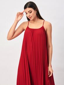 Mulvari Burgundy Red Solid Pleated Cami Dress - Burgundy - View 5